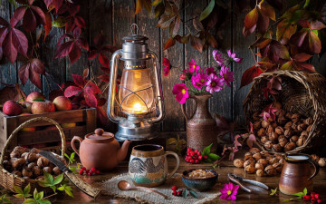 Картинка еда натюрморт лампа букет космея орехи яблоки шиповник