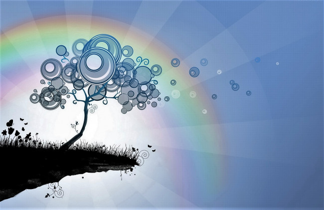 Обои картинки фото векторная графика, природа , nature, дерево, обрыв, лучи, радуга