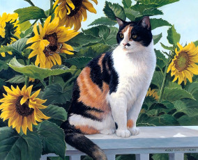 Картинка рисованное животные +коты кошка подсолнухи бабочка