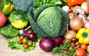 обоя еда, овощи, капуста, савойская, лук, перец, патиссоны, помидоры