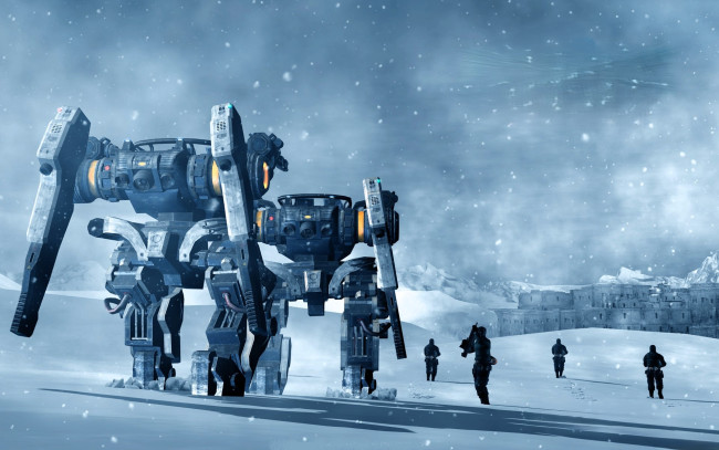 Обои картинки фото видео игры, lost planet,  extreme condition, роботы, снег, люди