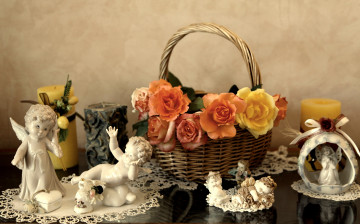 Картинка разное сувениры корзинка ангелочки фигурки розы фарфор