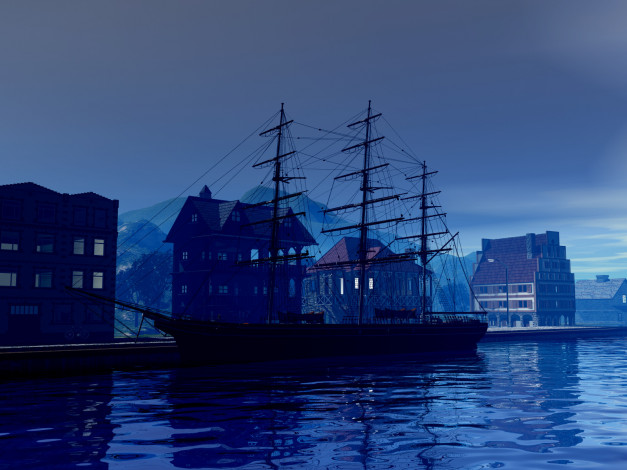 Обои картинки фото 3д, графика, sea, undersea, море, дома, парусник, причал