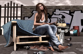 Картинка 3д графика people люди девушка бутылки одеяло