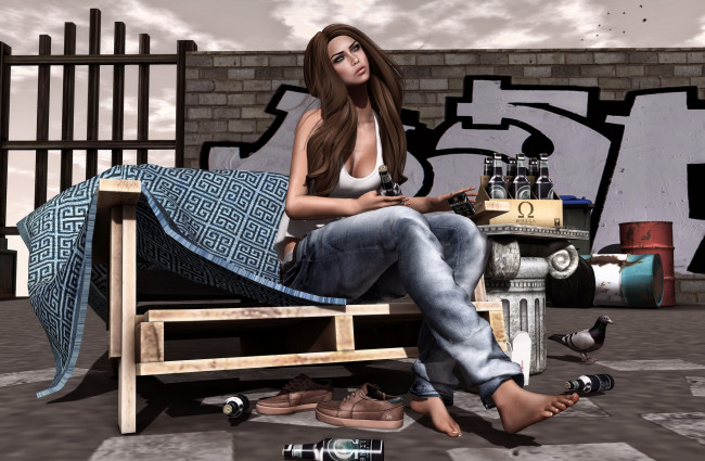 Обои картинки фото 3д, графика, people, люди, девушка, бутылки, одеяло