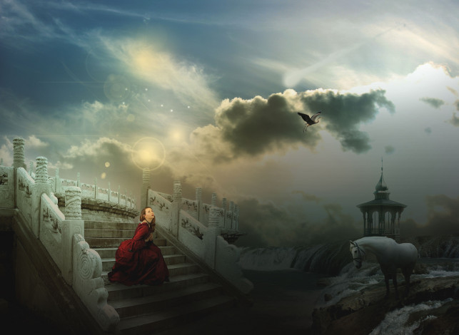 Обои картинки фото фэнтези, фотоарт, цапля, конь, девушка