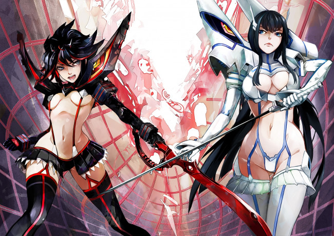 Обои картинки фото аниме, kill la kill, матой, рюко, ножницы, меч, борьба, костюм