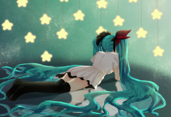 Картинка аниме vocaloid арт hatsune miku волосы девушка звёздочки платье