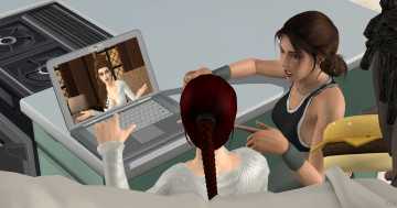 Картинка 3д+графика люди+ people взгляд девушки ноитбук фон