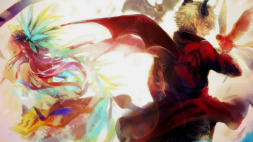 Картинка аниме pixiv+fantasia pixiv fantasia парень lulu season птица девушка рога летучая мышь