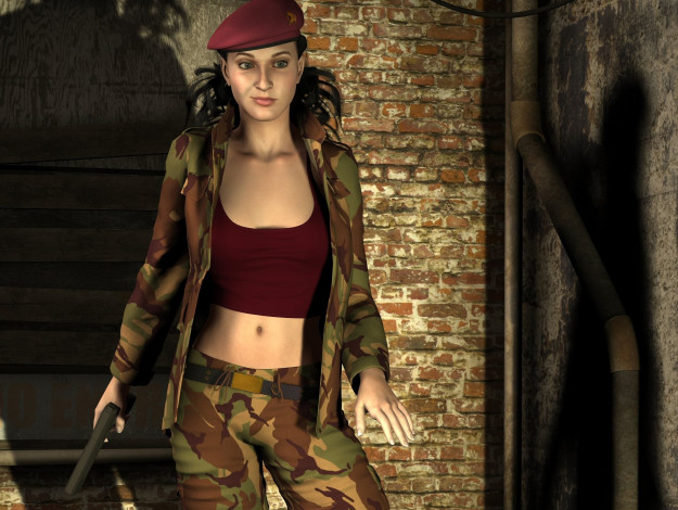 Обои картинки фото 3д графика, люди , people, взгляд, фон, оружие, девушка