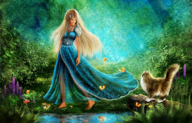Обои картинки фото рисованное, люди, платье, бабочки, зелень, пруд, цветы, кот, девушка