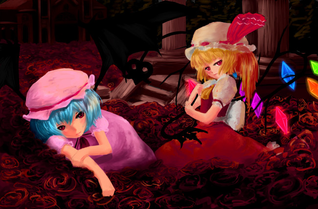 Обои картинки фото аниме, touhou, flandre, scarlet, арт, девушки, шапочки, красные, розы, remilia