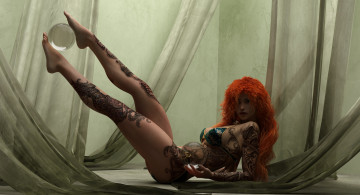 обоя 3д графика, люди , people, девушка, тату, шар, рыжая, фон, взгляд