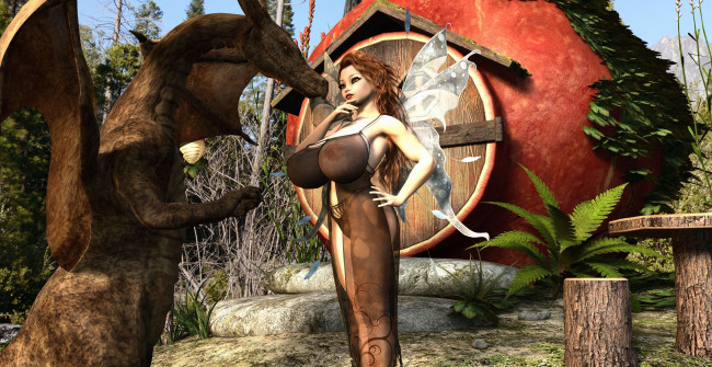 Обои картинки фото 3д графика, существа , creatures, фея, взгляд, фон, дракон