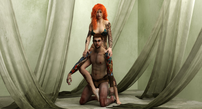 Обои картинки фото 3д графика, люди , people, парень, тату, шар, рыжая, фон, взгляд, девушка