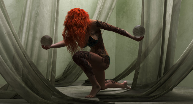 Обои картинки фото 3д графика, люди , people, тату, шар, девушка, взгляд, рыжая, фон