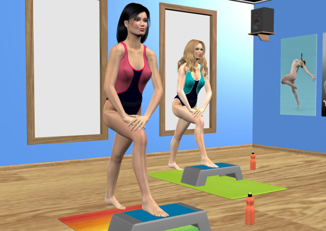 Обои картинки фото 3д графика, люди , people, спортзал, фон, взгляд, девушки