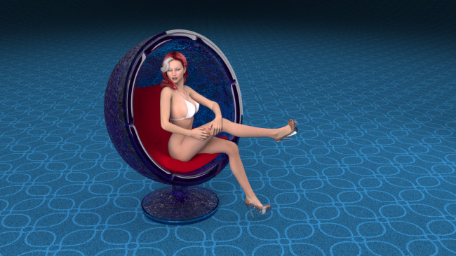 Обои картинки фото 3д графика, люди , people, девушка, купальник, кресло, взгляд, фон