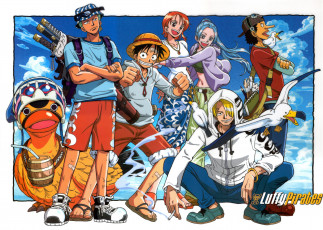 Картинка аниме one+piece небо облака люди чайки птицы