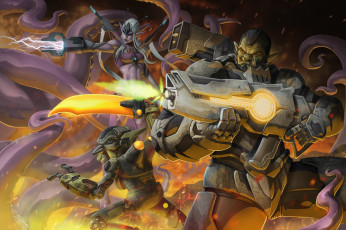 Картинка рисованное комиксы оружие существа фон униформа