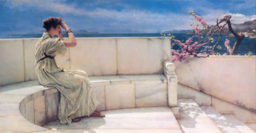 Картинка рисованное lawrence+alma-tadema женщина дерево ступени мрамор скамейка море