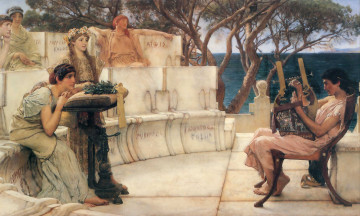 Картинка рисованное lawrence+alma-tadema арфа парень женщины море деревья скамейка мрамор певец