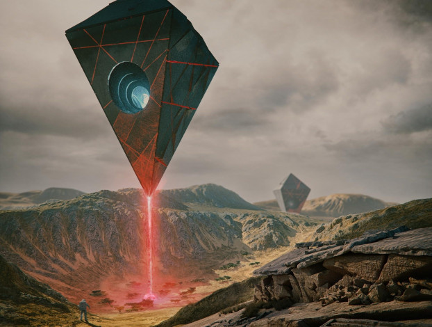 Обои картинки фото фэнтези, иные миры,  иные времена, летающие, объекты, луч, горы