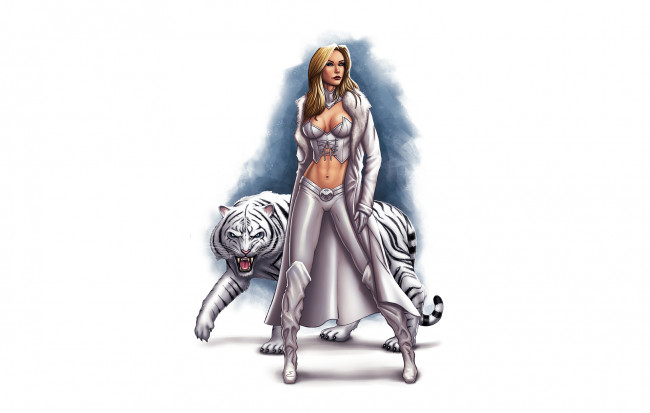 Обои картинки фото рисованное, комиксы, девушка, фон, тигр