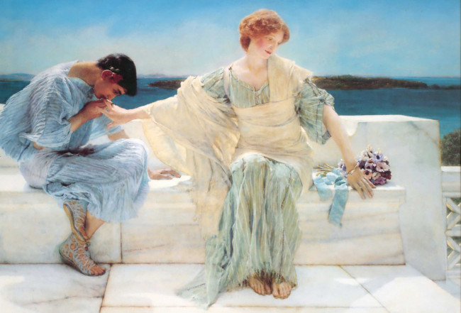 Обои картинки фото рисованное, lawrence alma-tadema, девушка, поцелуй, скамейка, парень