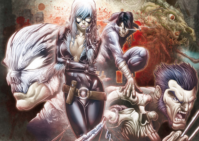 Обои картинки фото рисованное, комиксы, мужчины, униформа, девушка, маска, взгляд, существо, фон