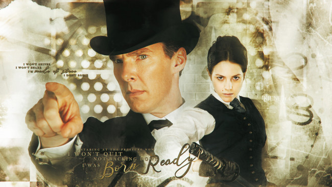 Обои картинки фото benedict cumberbatch,  catrin stewart, разное, знаменитости, девушка, мужчина, фон, взгляд, меч, цилиндр