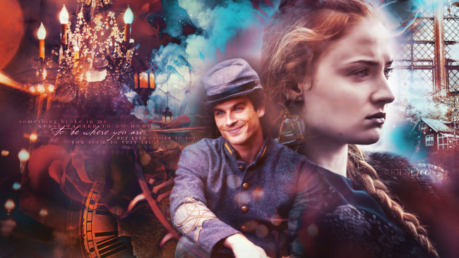 Обои картинки фото ian somerhalder,  sophie turner, разное, знаменитости, девушка, мужчина, фон, взгляд, улыбка, одежда