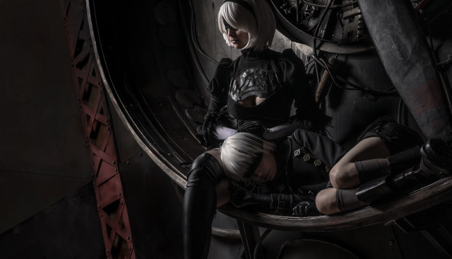 Обои картинки фото разное, cosplay , косплей, девушки, фон, повязка, платье