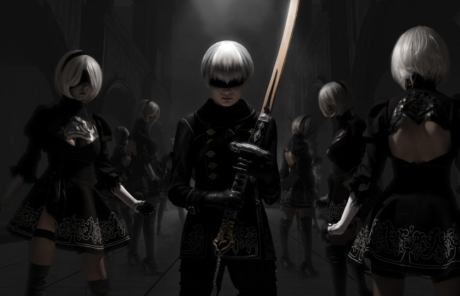 Обои картинки фото разное, cosplay , косплей, девушки, мужчина, фон, униформа, меч, повязка