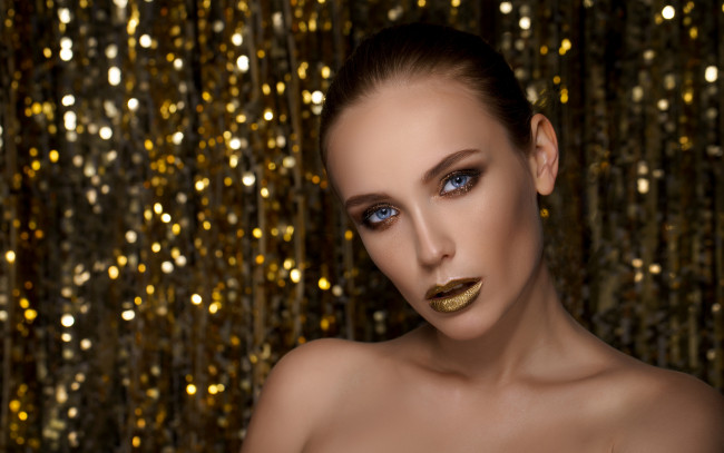 Обои картинки фото девушки, - лица,  портреты, девушка, фон, модель, макияж, золотой