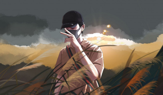 Обои картинки фото рисованное, люди, сяо, джань, маска, поле, кепка