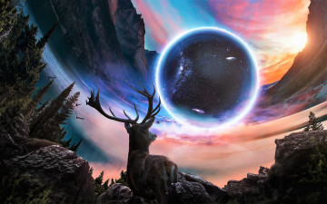 Картинка фэнтези иные+миры +иные+времена олень камни лес горы шар