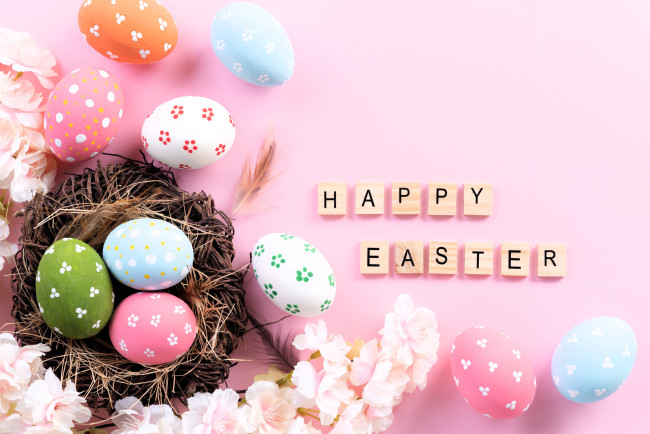 Обои картинки фото праздничные, пасха, гнездо, яйца, цветы