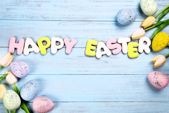 Обои картинки фото праздничные, пасха, яйца, тюльпаны, поздравление