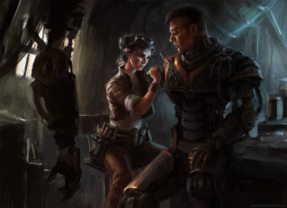 Картинка фэнтези роботы +киборги +механизмы рука ремонт металл робот андроид арт lane brown девушка механик парень