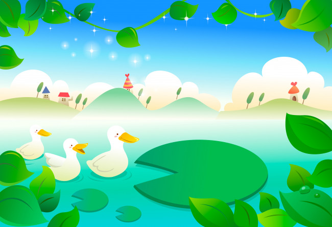 Обои картинки фото векторная графика, листья, деревья, дома, облака, небо, кувшинки, холмы, утки, пруд