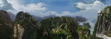 Картинка фэнтези пейзажи облака небо горы мост