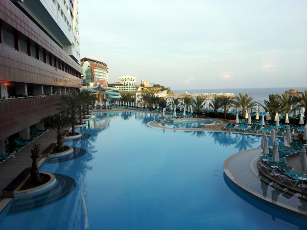 Обои картинки фото интерьер, бассейны,  открытые площадки, пальмы