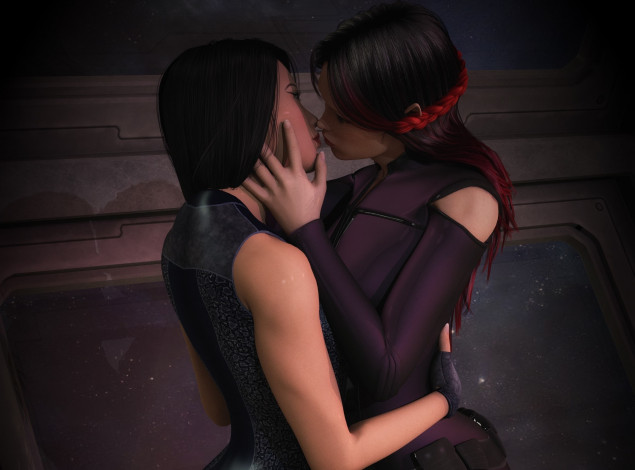 Обои картинки фото 3д графика, люди , people, поцелуй, девушки, фон, взгляд
