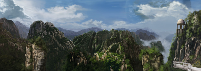 Обои картинки фото фэнтези, пейзажи, облака, небо, горы, мост