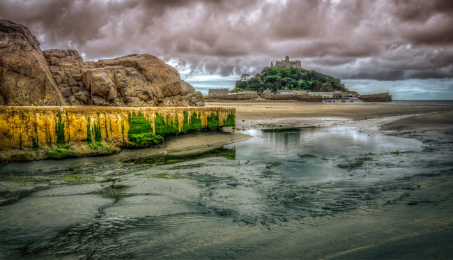 Обои картинки фото st,  michaels mount, города, - пейзажи, море, отлив, остров, монастырь
