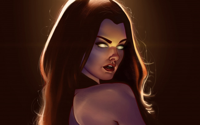 Обои картинки фото фэнтези, девушки, девушка, волосы, взгляд, губы, глаза, лицо, фон, плечи, спина, свет