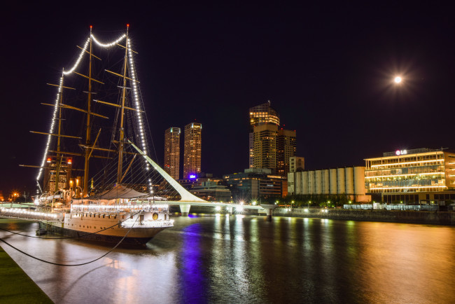 Обои картинки фото buenos aires, корабли, порты ,  причалы, огни, мачты, причал, ночь