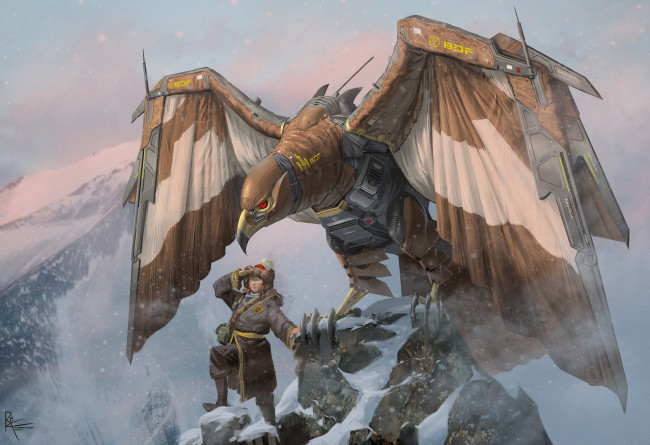 Обои картинки фото фэнтези, роботы,  киборги,  механизмы, человек, фантастика, robert, chew, крылья, робот, птица